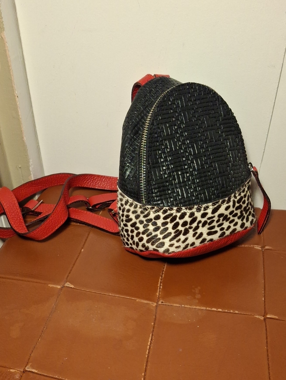 Textured Black Mini Backpack with Red Trim and Leopard Accent